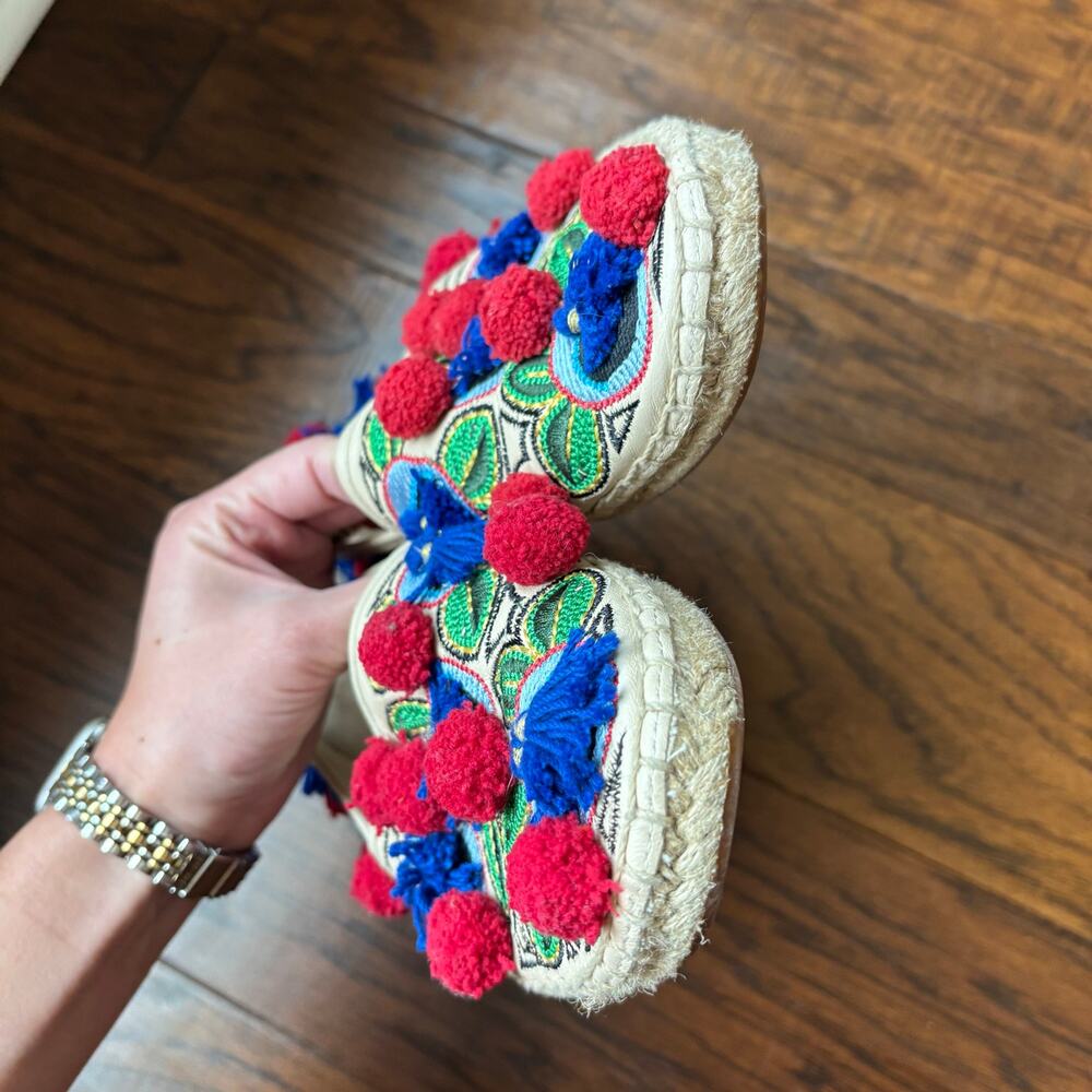 Tory Burch Ellis Pom-pom Embroidered Leather Textile Espadrille Flats Size 8 - Picture 8 of 13